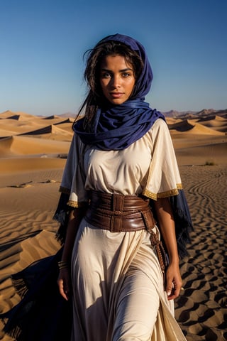 "Create an image of a beautiful Tuareg girl, Dark skin, Dark eyes, Brown or black hair, Traditional clothing with blue veils and long tunics, Nomads who live in the desert, Experts in riding camels.
Landscape:Sahara Desert, Oasis in the desert, Camel caravans