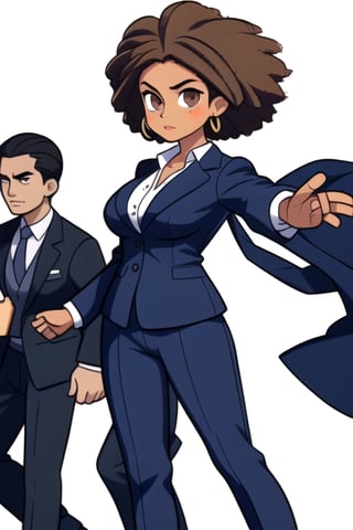 (frontal view, looking at front, facing viewer:1.2) 1girls, beautiful, attractive, Latina, brown skin, thin and slender, large breasts, afro hair, bright brown eyes. Charismatic, born leader, always fighting for justice. She has an elegant and professional style, dressing in tailored suits, sophisticated blouses.