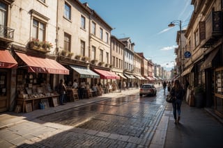 fine art portrait of street, city, shops, noon, buildings in the background, photorealistic, realistic, Masterpiece