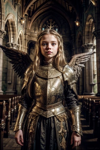(master part, qualidade superior, Realistic) 11-year-old gothic girl, angelic beautiful child, fantasy photoshoot, with green eyes and long blonde hair down to the waist, Scenario Atlético Esporte Clube, heavenly light, inside a church,Angel,angel_wings,angel, Golden armor,medieval armor