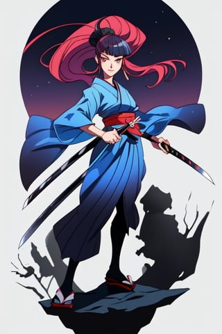 Maxima calidad, manos definidas, Nena japonesa de 15 años con traje tradicional a la luz de la luna, de pie viendo al espectador con una katana en mano, pose de combate
