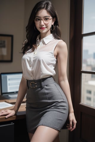 best quality, masterpiece, (photorealistic:1.4), 1girl, light smile, shirt with collars, skirt, waist up, dramatic lighting, from below, hoop earrings, sleeveless white blouse, white sport vans shoes, sensual standing at a desk, drawing in a ipad, with glasses, two legs, two arms, middle brown hair, five fingers. Her slim. close up, cinematic, looking at camera,realistic photo, Nikon d850, 85mm lens, --q2 --s 750