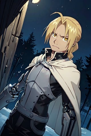 (masterpiece:1.5), best quality, game cg, 1boy, solo, (male focus:1.2), looking at the viewer, depth of field, realistic, (higher_angle_shot:1.5), edward_elric, blonde hair, yellow eyes, single (single mechanical arm:1.3), single braid, braided ponytail, long hair, (night:1.5), dirt_on_chest, crimson cape, soil_background, forest, (darkness:1.5), outdoors, (cover_on_dirt),(cold_color_pallete:1.5), low lighting,(magic portal:1.2), frown