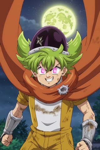 score_9, score_8_up, score_7_up, source_anime, rating_safe, anime screencap, anime coloring, official style,1boy, solo, male focus, , percival_nnt_mny, green hair, purple eyes, helmet, cowboy shot, night, full moon, floating, smirk, robes, harness, spiked hair, master_piece, metal_gauntlets, darkness, (dirty_clothes:1.3), hair between eyes, bangs, (dark_clothing:1.5), energy_lines, orange_shoulder_cape, (evil_face:1.3), mist, (glowing_eyes:1.4), (evil_grin:1.4), (punching:1.3)
