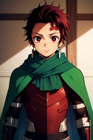 masterpiece, best quality, high quality, 1boy, solo, male focus, looking at viewer,  body_suit, green cape, square_print, kamado_tanjirou, red lighting, armor