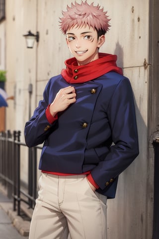 (masterpiece, best quality:1.2), , cowboy shot, solo, male focus, 1boy, (itadori yuji:1.4), facial mark, grin, looking at viewer, hand in pocket, school uniform, black jacket, hood,SUKUNA, young man, pupil