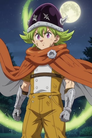 score_9, score_8_up, score_7_up, source_anime, rating_safe, , anime screencap, anime coloring, official style, , , 1boy, solo, male focus, , percival_nnt_mny, green hair, purple eyes, helmet, cowboy shot, night, full moon, floating, smirk, robes, harness, spiked hair, master_piece, metal_gauntlets, darkness, (dirty_clothes:1.3),  hair between eyes, bangs, (dark_clothing:1.5), energy_lines, orange_shoulder_cape