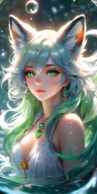 (cute water foxy), grey and white tones, (masterpiece, best quality, ultra-detailed, best shadow), (detailed background, high fantasy), (beautiful detailed face), high contrast, (best illumination, an extremely delicate and beautiful), ((cinematic light)), colorful, hyper detail, dramatic light, intricate details, (2girl, pair, blue and green hair, sharp face, amber eyes, hair between eyes,dynamic angle), blood splatter, swirling green light around the character, depth of field, light particles,(broken glass),magic circle, (full body), Spirit Fox Pendant,Beautiful Eyes