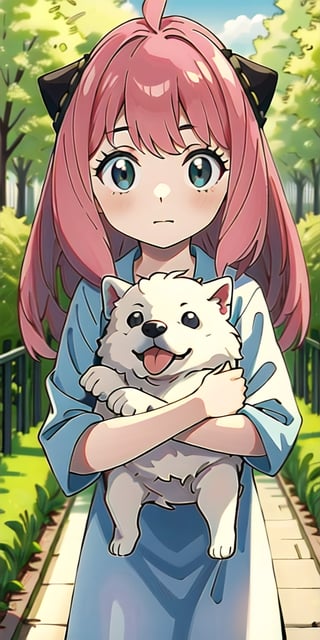 Anya,perfect girl,pose,carrying  white fluffy dog,22 year old girl,loli,beautiful,kid,Pink hair, younger_female
