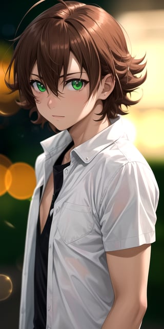 masterpiece, best quality, neon light, 8K, RAW, best quality, ultra high res, colorful, (medium wide shot), (dynamic perspective), sharp focus, (depth of field, bokeh:1.3), standing, 1boy, solo, male focus, looking at viewer, upper body, depth of field, tatsumi, brown hair, green eyes