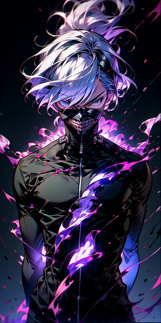 Ken kaneki wearing black clothes, black and white hair, detailed hair, dark background, 