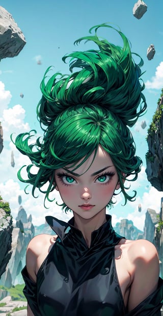 (masterpiece), best quality, expressive eyes, perfect face, looking at viewer, 1girl, solo, (portrait), (upper body), (black dress), (small breasts), green eyes, green hair, short hair, weavy hair, floating, flying stones, sky, tatsumaki,artgerm