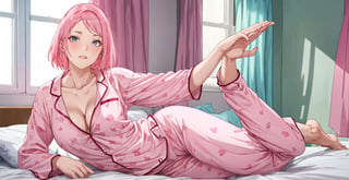 cleavage, wearing colorful pajamas, posing erotically in her room, wearing thighs, showing her hips, full body, (masterpiece), best quality, expressive eyes, perfect face, looking at the viewer, haruno sakura, forehead scar, short hair, pink hair, green eyes, perfect breasts, smile
