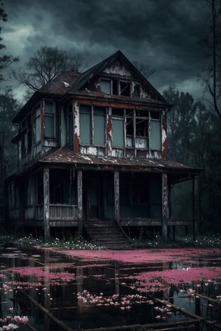 (masterpiece, best quality, very aesthetic, ultra detailed), intricate details, (no human. flower at Forest. Abandoned house), (rainy day. Rain. Cloudy. Wet ground. Water reflection. Gloomy. Ambient. Horror. Creepy. Dark), aesthetic