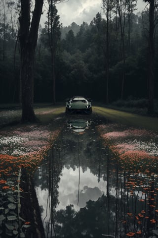 (masterpiece, best quality, very aesthetic, ultra detailed), intricate details, (no human. Lamborghini. flower field. Forest. Abandoned place), (rainy day. Cloudy. Wet ground. Water reflection. Gloomy. Ambient. Horror. Creepy), aesthetic