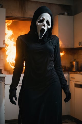 a girl standing at kitchen room, kitchen interior, white room, ghost face mask), ghost face costume, (full body), (burning clothes. Burned clothes. fire), medium breast, head tilted, focus on viewer, front view, from below, ultra high quality, ultra high resolution, detailed background, dramatic lighting, muted color, luts, low key, dark tone,ghostface mask,HellAI,fire