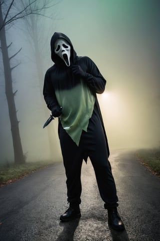 a guy standing at road, green foggy, ghost face mask, ghost face costume, (full body:1.2), big body, head tilted, holding an knife, fog background, aesthetic, focus on viewer, front view, from below, ultra high quality, ultra high resolution, detailed background, dramatic lighting, muted color, luts, low key, dark tone,ghostface mask