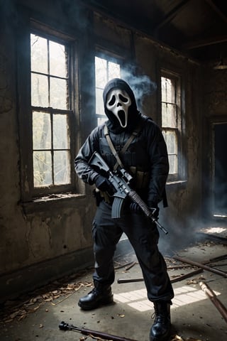 a guy standing at spooky abandoned building, indoor, dark day, sun rays coming through window, ghost face mask, ghost face costume, (full body:1.2), big body, head tilted, holding an M16 Rifle series, smoke, focus on viewer, front view, from above, dramatic photoshoot, DSLR, masterpiece, ultra high quality, ultra high resolution, detailed background, aesthetic lighting, low key, dark tone,ghostface mask,HellAI,M16 Rifle series