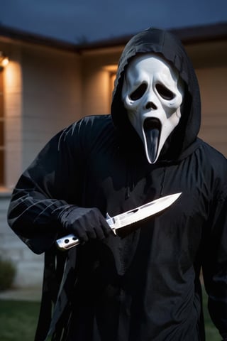 a guy standing at modern house, dark night, ghost face mask, ghost face costume, (upper body:1.2), big body, head tilted, holding a hunting knife with action want to kill viewer, focus on viewer, side view, dramatic photoshoot, DSLR, masterpiece, ultra high quality, ultra high resolution, detailed background, dramatic lighting, low key, dark tone,cinematic  moviemaker style,ghostface mask