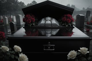 (masterpiece, best quality, very aesthetic, ultra detailed), intricate details,  (no human. coffin. (at grave outdoor). death. red roses on the coffin), (dark. gloomy. creepy. rain), (from up), (ultra realistic. realistic lighting. realistic reflection), 8k, aesthetic