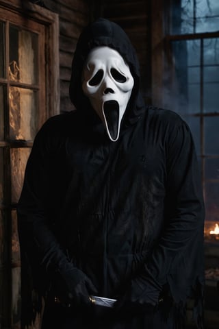 a guy standing at dark house, window, dark night, ghost face mask, ghost face costume, (full body:1.2), big body, head tilted, smoke, spooky house, focus on viewer, side view, dramatic photoshoot, canon, masterpiece, ultra high quality, ultra high resolution, detailed background, dramatic lighting, low key, dark tone,cinematic  moviemaker style,ghostface mask