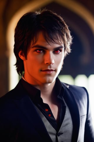 Masterpiece, high quality, ultra high res, detailed face, detailed eyes, damon Salvatore, a Vampire male, 24 year old, (upper body:1.2), face focus, (red eyes:1.3), pale skin, handsome, comma hair, stylish guy, very handsome, vampire costume, small cute fangs, smile looking at viewer, standing at dark castle indoor, focus on viewer, front view, from below