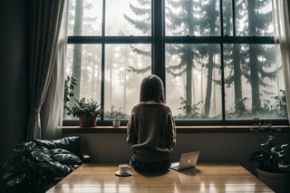 a girl sitting at chair looking at window, indoor, table, coffee, sad girl, forest  landscape background at window, fog, rain drop at window, rainy, plant, flower, laptop, cat, sweater, short pants, full body, back view, from below, ultra high quality, ultra high resolution, detailed background, low key, dark tone, 8k