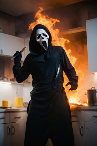 a girl standing at kitchen room, kitchen interior, white room, ghost face mask), ghost face costume, (full body), (burning clothes. Burned clothes. fire), medium breast, head tilted, (holding an knife with one hands. (Hands down), focus on viewer, front view, from below, ultra high quality, ultra high resolution, detailed background, dramatic lighting, muted color, luts, low key, dark tone,ghostface mask,HellAI,fire
