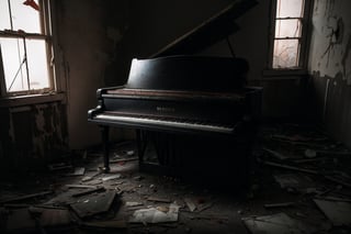 (masterpiece, best quality, very aesthetic, ultra detailed), intricate details,  (no human. Broken abandoned piano at abandoned house. Indoor. Roses. Dark. Gloomy. Creepy), (front view), (ultra realistic. realistic lighting), 8k, aesthetic
