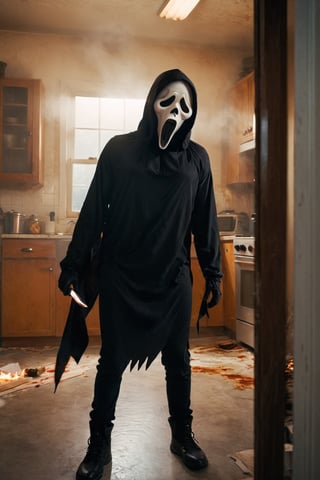 a girl standing at kitchen room, kitchen interior, white room, ghostface mask, ghostface costume, (full body), (burn clothes), medium breast, head tilted, (holding knife. attack pose), looking at viewer, front view, from below, ultra high quality, ultra high resolution, detailed background, dramatic lighting, muted color, luts, low key, dark tone,ghostface mask,HellAI