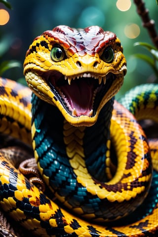 Masterpiece, a viper snake with beautiful color in his body, creepy and angry snake, bokeh, up close, beautiful lighting, ultra realistic, ultra detailed, ultra high quality, ultra high resolution, 8k, 
more detail XL,HellAI,monster