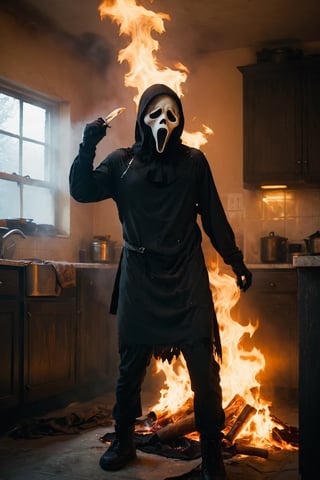 a girl standing at kitchen room, kitchen interior, white room, ghostface mask, ghostface costume, (full body), (burning clothes. Burned clothes. fire), medium breast, head tilted, (holding knife. attack pose), looking at viewer, front view, from below, ultra high quality, ultra high resolution, detailed background, dramatic lighting, muted color, luts, low key, dark tone,ghostface mask,HellAI,fire