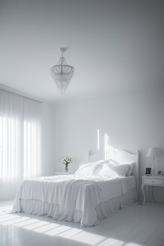 (masterpiece, best quality, very aesthetic, ultra detailed), intricate details, (a white bedroom. closed room. ((Full white)). (White bed. White wall. White floor). (All white), (indoor. Gloomy. Ambient. Horror. Creepy. White Sunrays cooming through air ventilation), (ultra realistic). (Ultra realistic reflection), 8k, aesthetic,perfect light