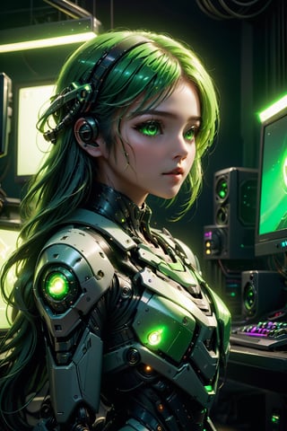 (((Masterpiece))), (((Hyperrealistic))), (((Extremely Detailed))), (((Extremely High Quality))), A mecha gaming girl, cute, neck are wires, green glowing eyes, standing at gaming room, monitor, gaming computer, green light, bedroom, looking to viewer, (side view1:2), (upper body:1.2), dramatic lighting, ultra high quality, ultra high res, ultra realistic, ultra reflection, ultra detailed, ultra detailed lighting, ultra detailed background, ultra detailed around, 4K, 8K, 16K, monster, HellAI