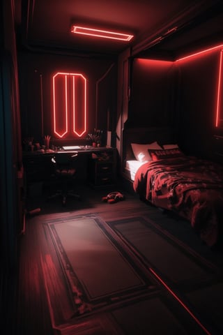 (masterpiece, best quality, very aesthetic, ultra detailed), intricate details, (a elegant bedroom. Red Neon. All red light. Mate black). (Indoor), (ultra realistic. Ultra realistic lighting. Ultra realistic reflection. Ultra detailed), 8k, aesthetic,More Detail,cyber_room  