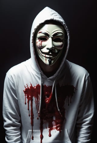 a guy standing at dark bedroom wearing white hoodie, ((text at the front of the hoodie (("DAY PRO" text logo, red, black), head tilted, ((guy Fawkes mask)), bloodied mask, murder, full body, brutal gore, bloodied guy, bloodied body, bloodied clothes, gore stills, dark night, bloods at floor and wall, lots of bloods, (extremely gore), (bloods:1.5), focus on viewer, psychopath, MilkGore, blood reflection, realistic blood, front view, photo real, ultra detailed, masterpiece, ultra realistic bloods, ultra high quality, ultra high resolution, ultra realistic, ultra reflection, ultra lighting, detailed background, dramatic lighting, low key, dark tone, 8k, HellAi,text logo