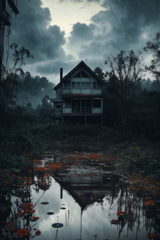 (masterpiece, best quality, very aesthetic, ultra detailed), intricate details, (no human. flower at Forest. Abandoned modern house), (rainy day. Rain. Cloudy. Wet ground. Water reflection. Gloomy. Ambient. Horror. Creepy. Dark), aesthetic