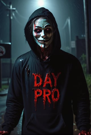 a guy standing at dark street, holding a big black sign with (("DAY PRO")) text logo, red, black, neon, glow:1.5) with her hands, creepy guy, white skin, white hoodie, guy Fawkes mask, glowing red eyes, muscular body, bloodied mask, murder, upper body, brutal gore, bloodied guy, bloodied body, bloodied clothes, gore stills, rain, dark night, bloods at sign, lots of bloods, (extremely gore), (bloods:1.5), focus on viewer, psychopath, MilkGore, blood reflection, realistic blood, front view, photo real, ultra detailed, masterpiece, ultra realistic bloods, ultra high quality, ultra high resolution, ultra realistic, ultra reflection, ultra lighting, detailed background, dramatic lighting, low key, dark tone, 8k, HellAi,text logo