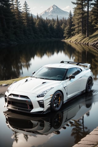 Nissan GT-R R35 pandem rocket Bunny, nature landscape, chrome silver car, day, beautiful day, dynamic shadow, wet reflection, masterpiece, ultra high quality, ultra high resolution, ultra realistic, ultra reflection, detailed background, dark shot, muted color, dark tone, low key, 8k,perfect light,More Detail