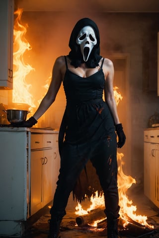 a girl standing at kitchen room, kitchen interior, white room, ghostface mask, ghostface costume, (full body1.2), (burning clothes. Burned outfit), medium breast, head tilted, high fire, looking at viewer, front view, from below, ultra high quality, ultra high resolution, detailed background, dramatic lighting, muted color, luts, low key, dark tone,ghostface mask,HellAI,fire