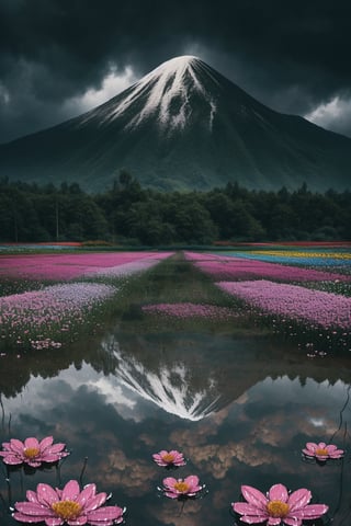 (masterpiece, best quality, very aesthetic, ultra detailed), intricate details, (no human. flower field), (rainy day. Wet ground. Water reflection. Gloomy), aesthetic