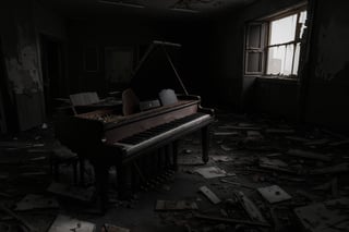 (masterpiece, best quality, very aesthetic, ultra detailed), intricate details,  (no human. Broken abandoned piano at abandoned house. Indoor. Dark. Gloomy. Creepy. Horror. dust. (Night), (up view. Up close), (ultra realistic. realistic lighting), 8k, aesthetic