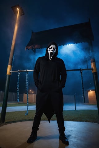 a guy standing at playground, night, Blue fog, ghost face mask, ghost face costume, (full body:1.2), big body, head tilted, ambient, blue fog background, aesthetic, focus on viewer, front view, from below, ultra high quality, ultra high resolution, detailed background, dramatic lighting, low key, dark tone,ghostface mask