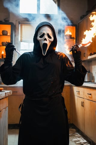 a girl standing at kitchen room, kitchen interior, white room, ghost face mask), ghost face costume, (full body), (whole body burned, fire, medium breast, head tilted, (holding an knife with one hands. Hands down), aesthetic, focus on viewer, front view, from below, ultra high quality, ultra high resolution, detailed background, dramatic lighting, muted color, luts, low key, dark tone,ghostface mask,HellAI,fire