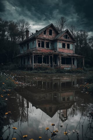 (masterpiece, best quality, very aesthetic, ultra detailed), intricate details, (no human. flower at Forest. Abandoned house), (rainy day. Cloudy. Wet ground. Water reflection. Gloomy. Ambient. Horror. Creepy. Dark), aesthetic
