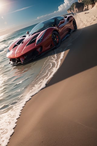 Ferrari, at beach, sea landscape, red metalic car color, day, beautiful day, dynamic shadow, depth of field, ray tracing, from below, masterpiece, ultra high quality, ultra high resolution, ultra realistic, ultra reflection, detailed background, 8k,perfect light,More Detail