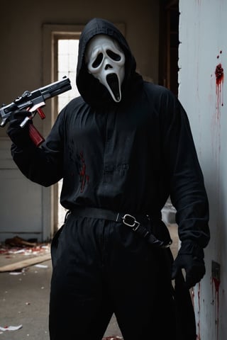 a guy standing at white wall room, named at the wall with (("Billy Loomis")) text logo, red, black, blood) on the wall, dark night, ghost face mask, ghost face costume, (full body:1.2), big body, head tilted, holding an black pistol with action want to kill viewer, focus on viewer, side view, dramatic photoshoot, DSLR, masterpiece, ultra high quality, ultra high resolution, detailed background, dramatic lighting, low key, dark tone,ghostface mask,text logo,