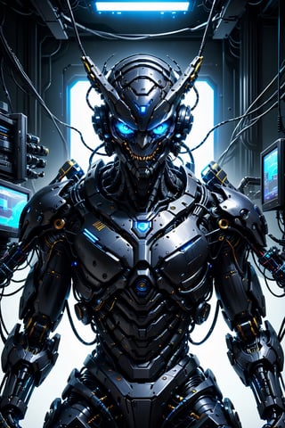 (((Masterpiece))), (((Hyperrealistic))), (((Extremely Detailed))), (((Extremely High Quality))), A black mecha guy, robotic arm, robotic body, neck are wires, bright blue glowing eyes, mecha room, (wires connected to the body part), lot's of wires, monitor, blue light, looking to viewer with angry, (front view1:2), potrait, (upper body:1.2), dramatic lighting, ultra high quality, ultra high res, ultra realistic, ultra reflection, ultra detailed, ultra detailed lighting, ultra detailed background, ultra detailed around, 4K, 8K, 16K, monster, HellAI