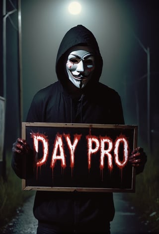 a guy standing at dark street wear white hoodie,((holding a black sign with (("DAY PRO" text logo, red, black, glow red, glow:1.5) with her hands, head tilted, ((guy Fawkes mask)), bloodied mask, street light, fog, murder, upper body, brutal gore, bloodied guy, bloodied body, bloodied clothes, gore stills, rainy night, dark night, bloods at sign, lots of bloods, (extremely gore), (bloods:1.5), focus on viewer, psychopath, MilkGore, blood reflection, realistic blood, front view, photo real, ultra detailed, masterpiece, ultra realistic bloods, ultra high quality, ultra high resolution, ultra realistic, ultra reflection, ultra lighting, detailed background, dramatic lighting, low key, dark tone, 8k, HellAi,text logo