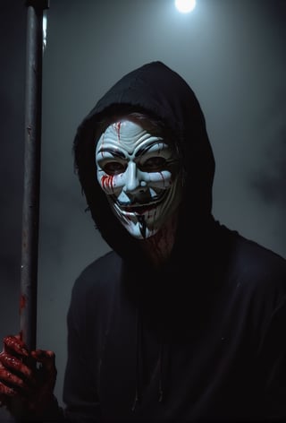 a guy standing at dark street, ((holding a black sign with (("DAY PRO")) text logo, red, black, glowing, glow:1.5) with her hands, head tilted, ((white hoodie)), ((guy Fawkes mask)), muscular body, bloodied mask, street light, fog, murder, upper body, brutal gore, bloodied guy, bloodied body, bloodied clothes, gore stills, rainy night, dark night, bloods at sign, lots of bloods, (extremely gore), (bloods:1.5), focus on viewer, psychopath, MilkGore, blood reflection, realistic blood, front view, photo real, ultra detailed, masterpiece, ultra realistic bloods, ultra high quality, ultra high resolution, ultra realistic, ultra reflection, ultra lighting, detailed background, dramatic lighting, low key, dark tone, 8k, HellAi,text logo